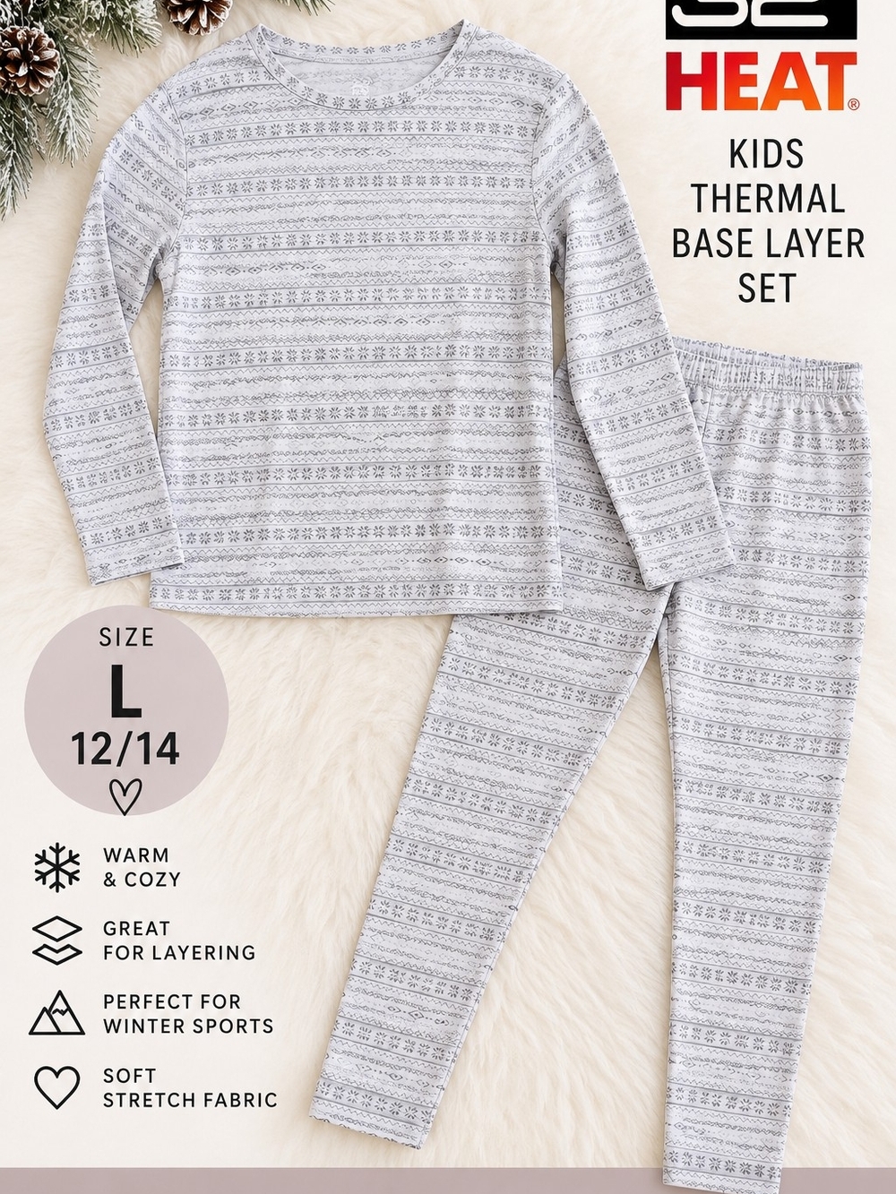 32 Degrees Heat Kids Thermal Base Layer Set Fair Isle Size L 12/14